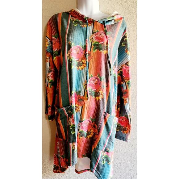 Crazy Train Multi Color Floral Hooded Top Large Lightweight Pockets NWTS - Picture 1 of 5